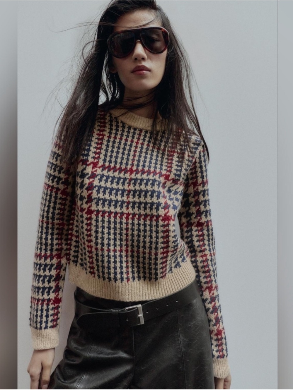 Zara Houndstooth Plaid Wool Blend Knit Sweater Size S NWT